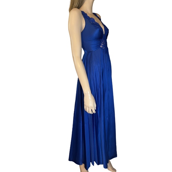 Olga Cobalt Blue Lingerie Set Negligee Full Sweep Nightgown Robe Lace Vtg 80s - Picture 6 of 16